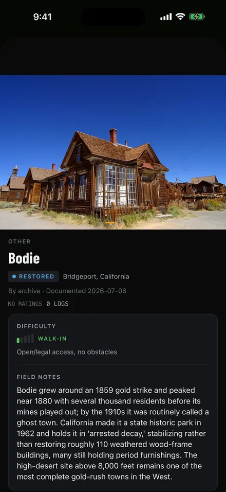 uMaps record for Bodie State Historic Park showing site history and condition information