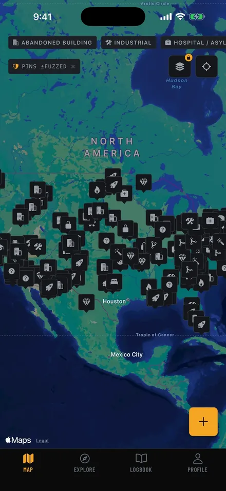 uMaps iPhone map showing an overview of documented locations with approximate pins
