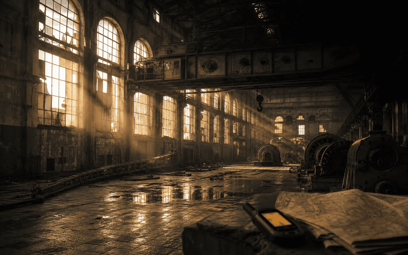 Illustration of a disused industrial hall with sunlight falling through tall windows
